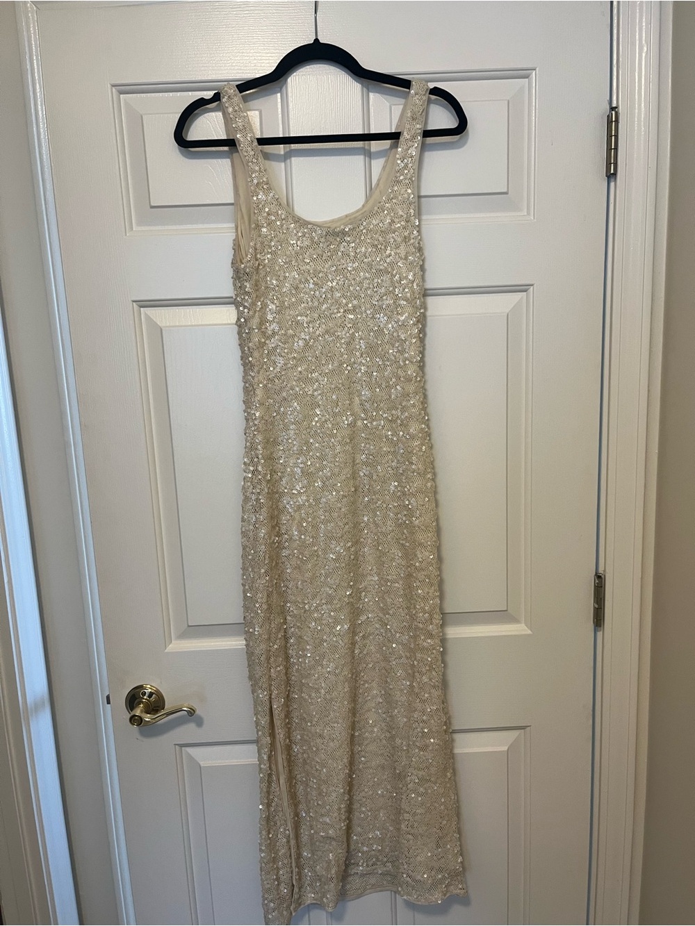 Sequined Ivory Scoop Neck Evening Dress - Picture 3 of 6